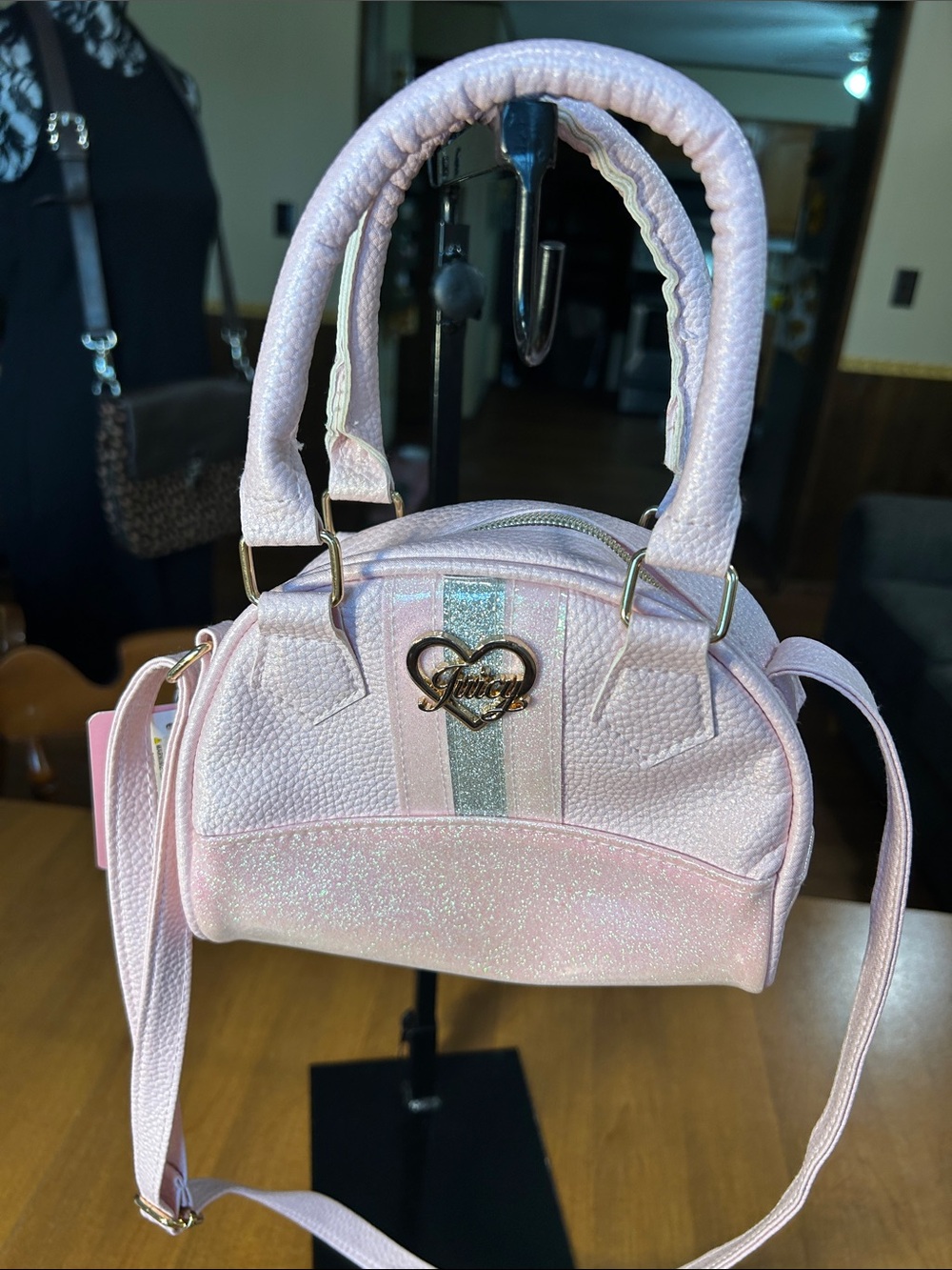 Juicy Couture Kids Light Pink Glitter Mini Satchel with Metallic Stripe